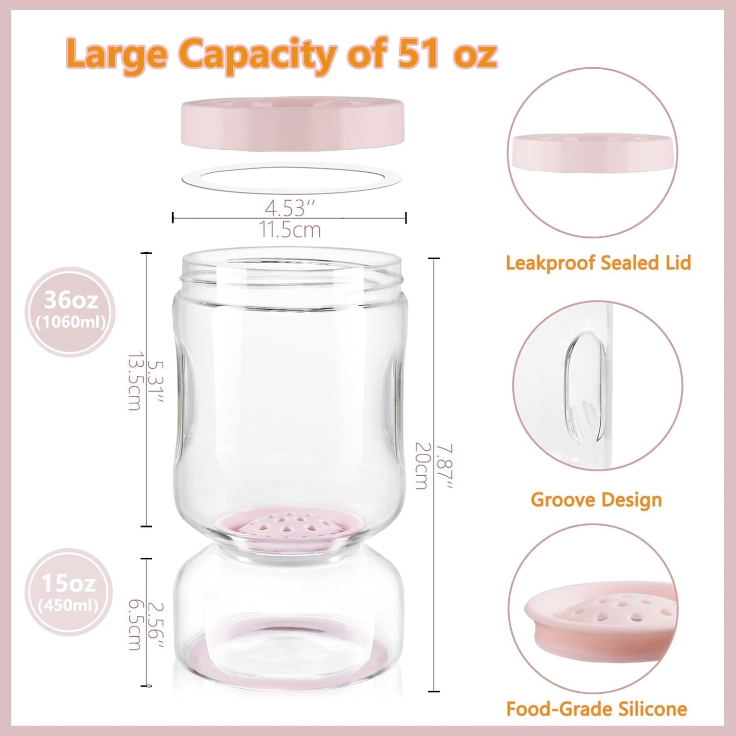 ZENS Glass Pickle Jar with Strainer Flip, 2 Pack Pickle Container Olive Hourglass Jars, Airtight Pickle Juice Separator from Wet and Dry, Pickles Storage Jar 51oz