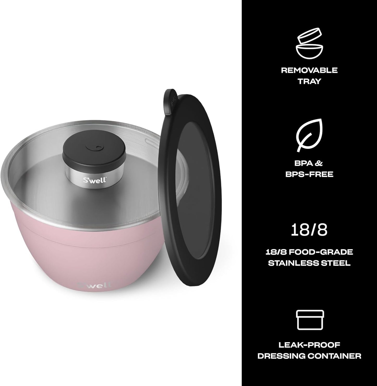 S’well Stainless Steel 64oz Salad Bowl Kit, Pink Topaz Color, Comes with 2oz Mini Canister and Removable Tray for Organization, Leakproof and Dishwasher Safe