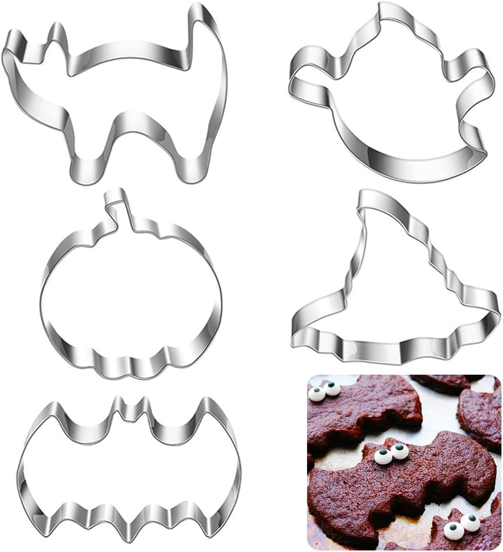 Halloween Cookie Cutters 5pcs, Cat Bat Pumpkin Magic Hat Cookie Cutter Sturdy Easy to Clean & Demold Pancake Dough Molds, Fondant Cutters for Baking Biscuit