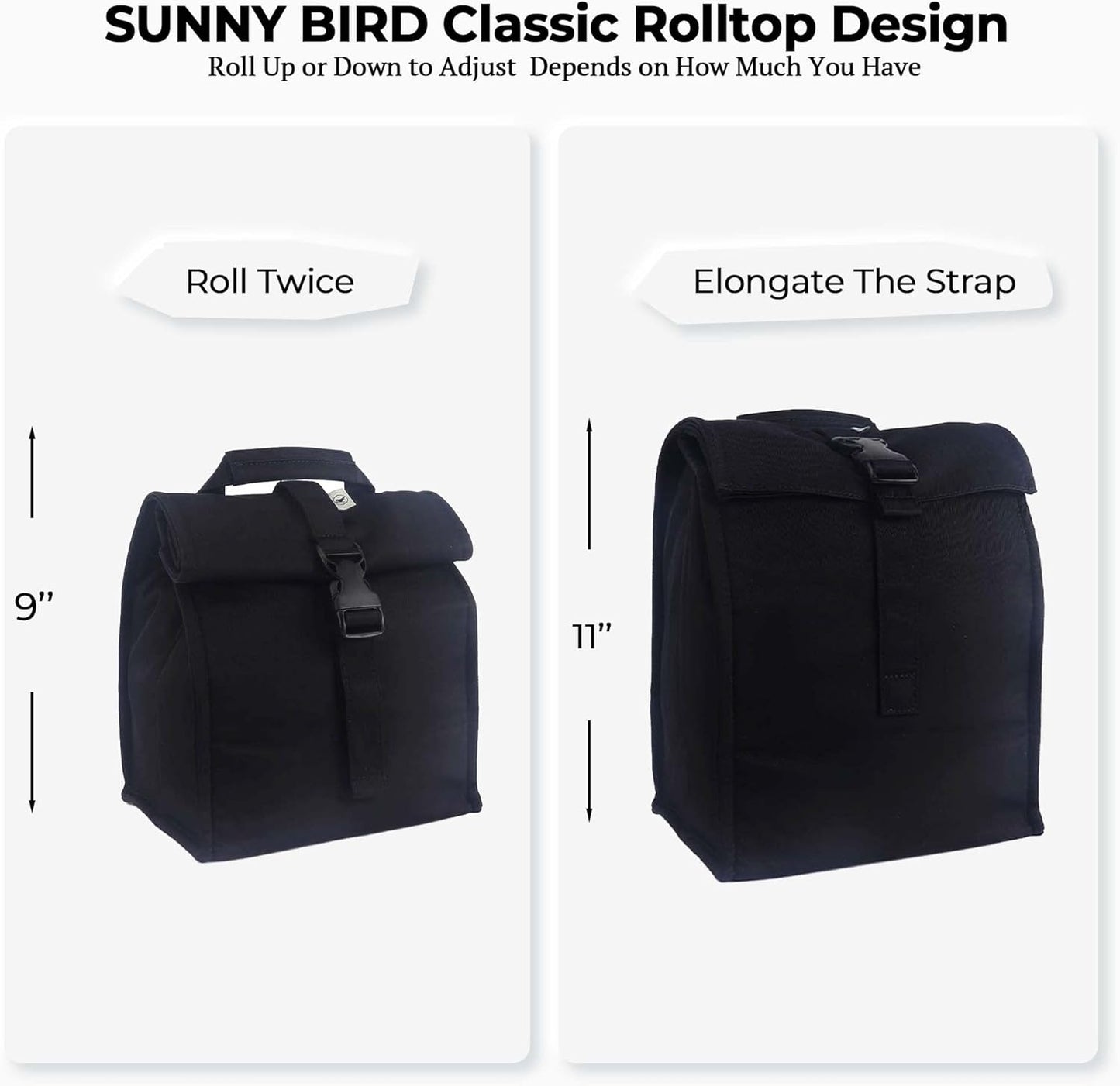 SUNNY BIRD Insulated Lunch Bag Rolltop Lunch Box for Women, Men, Adults and Teens (Black)