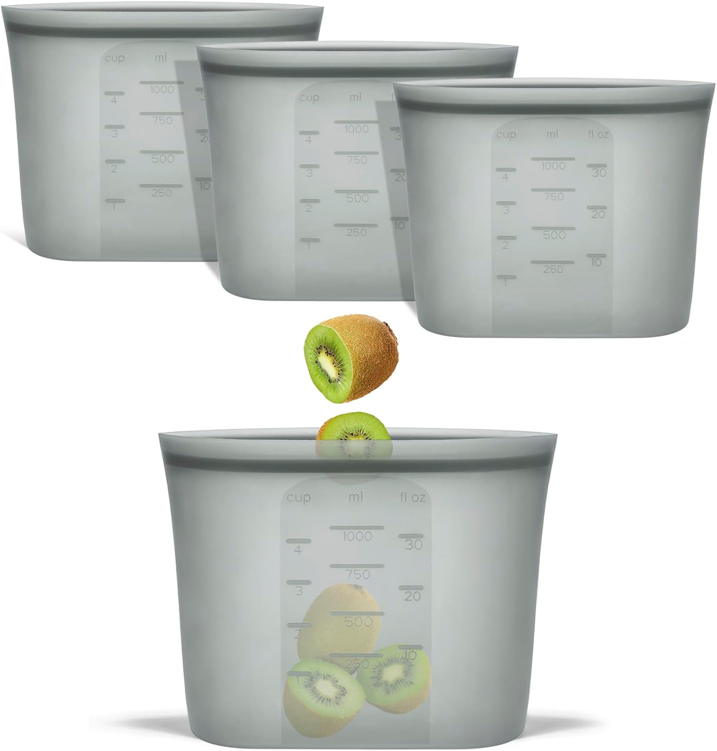 Reusable Storage Bags Quart Size, 4 Pack, 100% Silicone Stand Up Ziplock Reusable Silicone Food Storage Bags Sandwich Bags Containers, Freezer Microwave Oven Dishwasher Safe, Grey, 33.8fl.oz