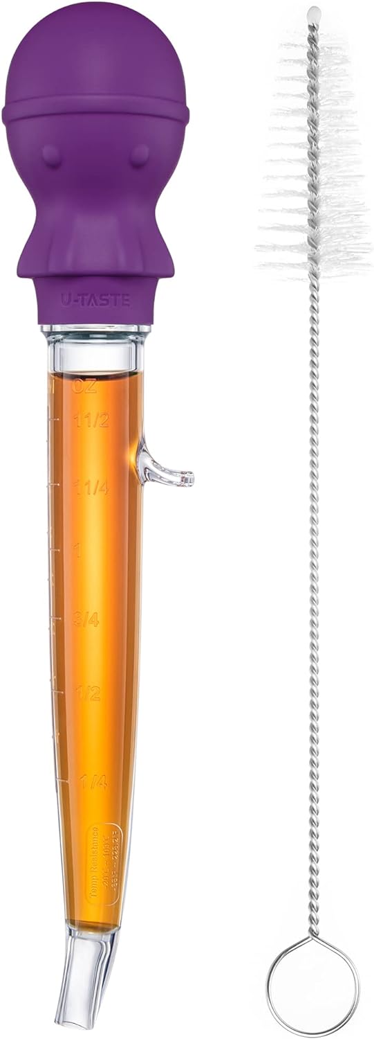 U-Taste 1.5oz Angled Turkey Baster - 228.2ºF Heat Resistant Food Grade Tritan and Silicone Large Octopus Bulb Baster Set with Cleaning Brush for Cooking Basting Meat Poultry Beef Chicken (Purple)