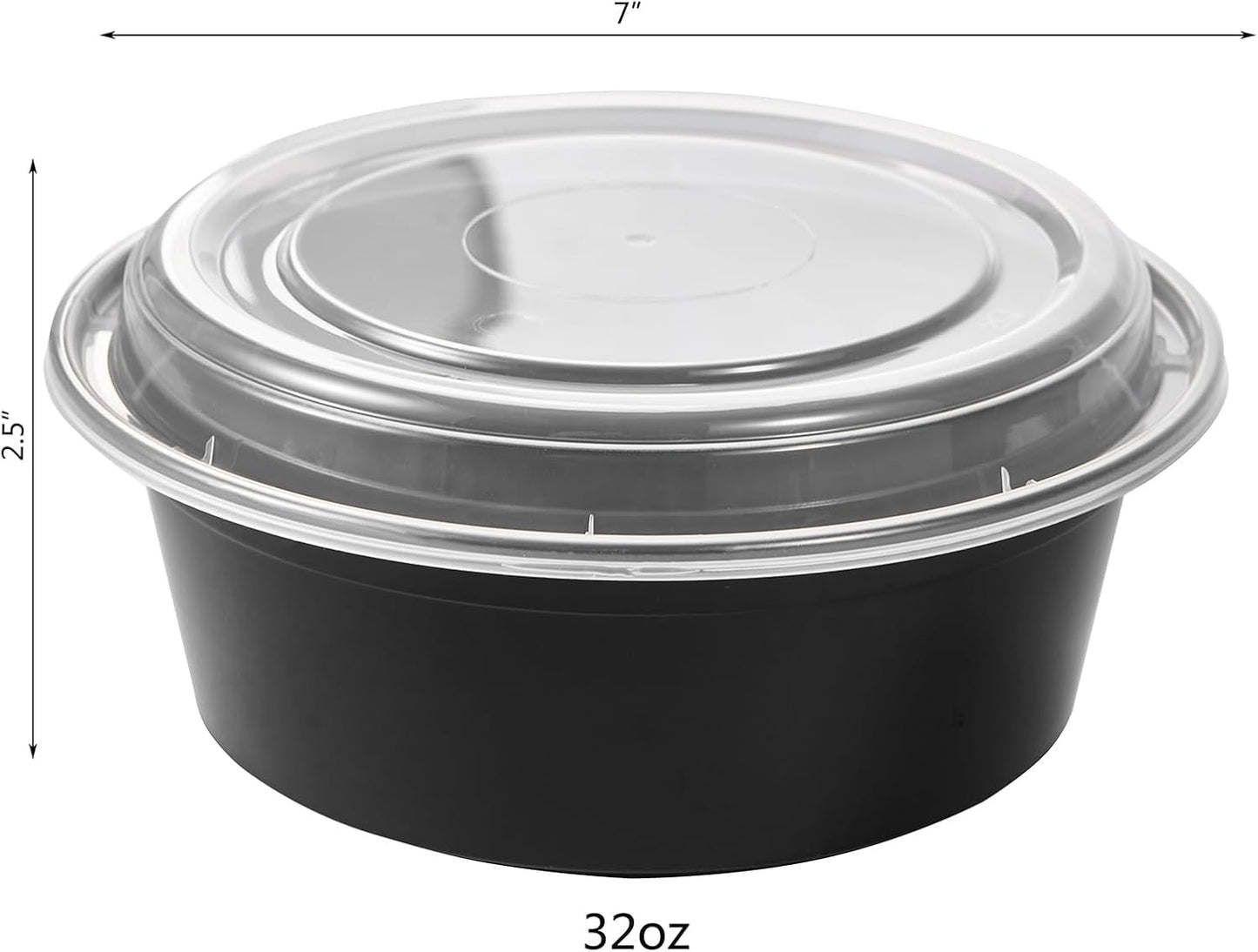 FULING 32 oz 50 ct Round Meal Prep Containers with Lids Plastic Food Storage Lunch Plan To Go Box Disposable Take Out Bowls Black BPA Free Reusable Durable Stackable Microwave Freezer Dishwasher Safe