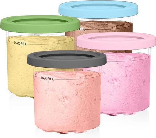 Containers Replacement for Ninja Creami Pints and Lids - 4 Pack, 16oz Cups Compatible with NC301 NC300 NC299AMZ Series Ice Cream Maker - Dishwasher Safe, Leak Proof Lids Pink/Mint/Grey/Blue