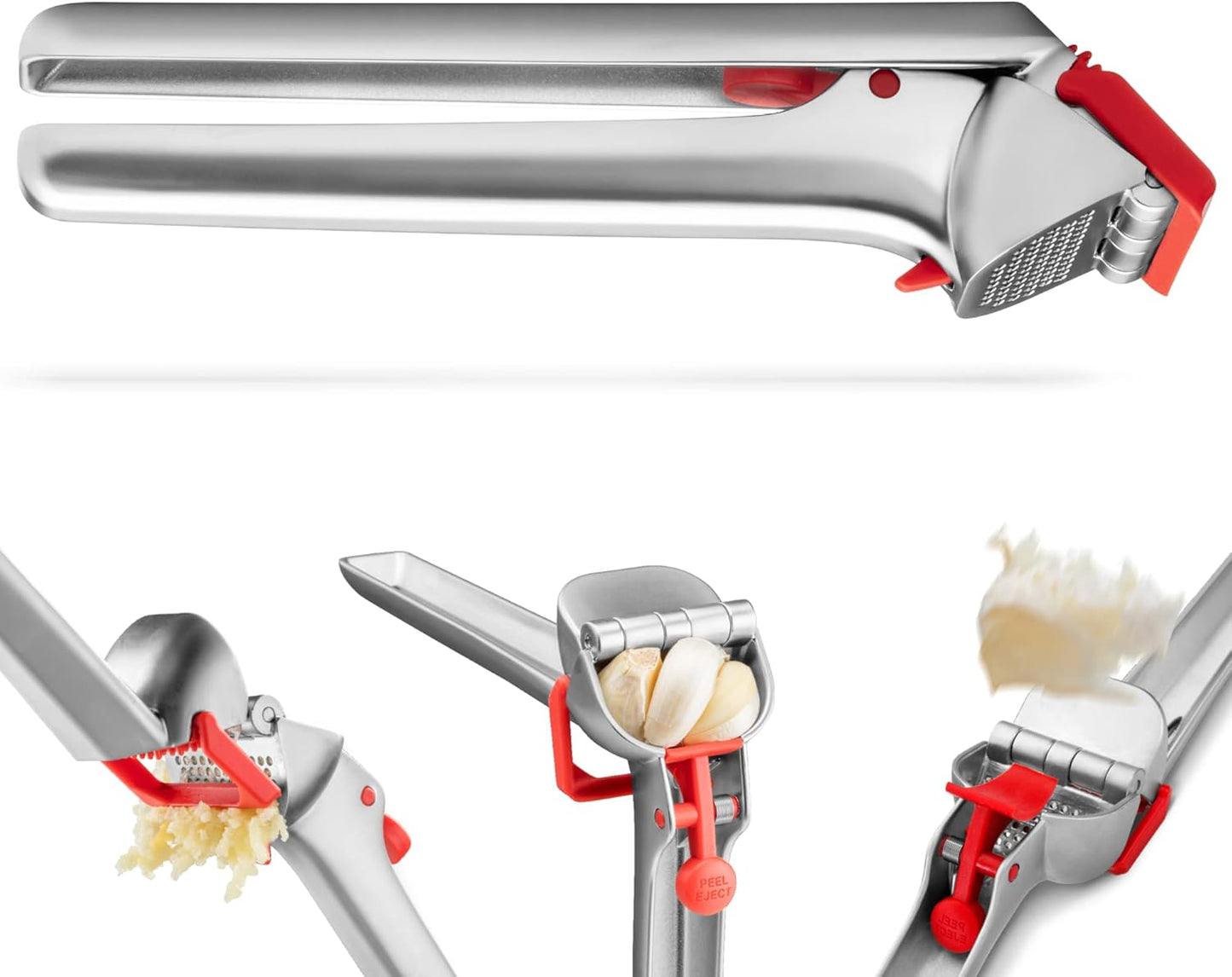 Dreamfarm Garject 2-In-1 Garlic Peeler, Garlic Press & Mincer with Garlic Peel Ejector, Chrome-Plated Zinc - Red