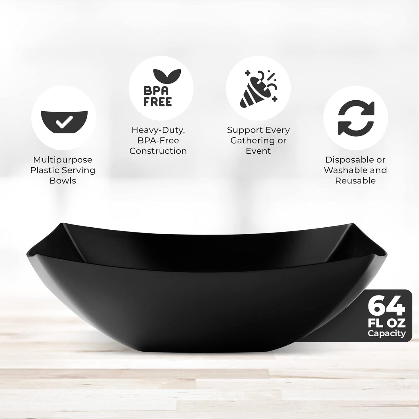 Posh Setting - Black Plastic Serving Bowls for Party (64oz - 4 Pack) Square, Disposable & Fruit Bowls for Party Table, Candy Containers for Candy Buffet