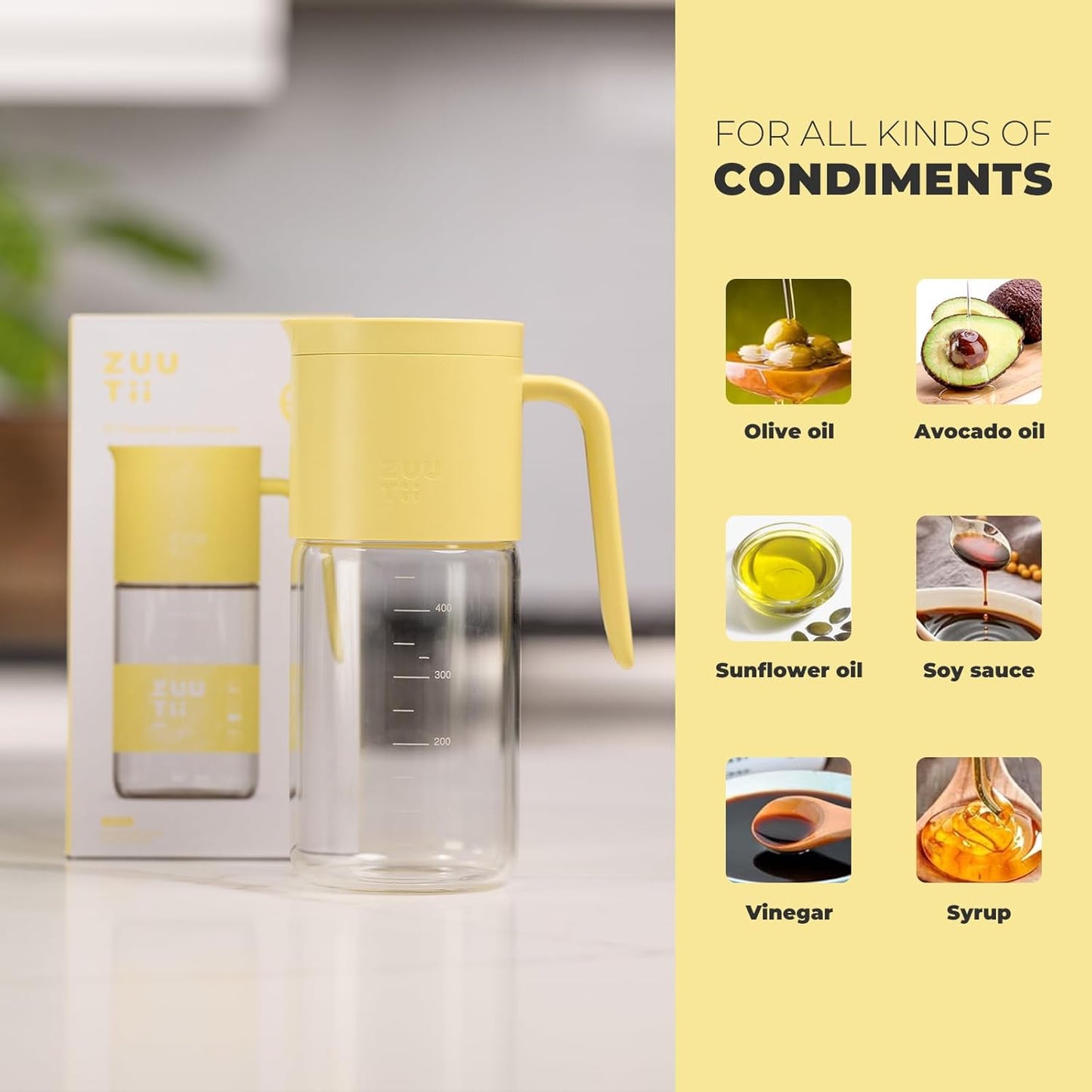 Zuutii Olive Oil Dispenser Bottle 18.6oz – Auto Flip Glass Vinegar Bottle with No-Drip Spout for Kitchen Cooking, Oil and Sauce Dispenser,Yellow