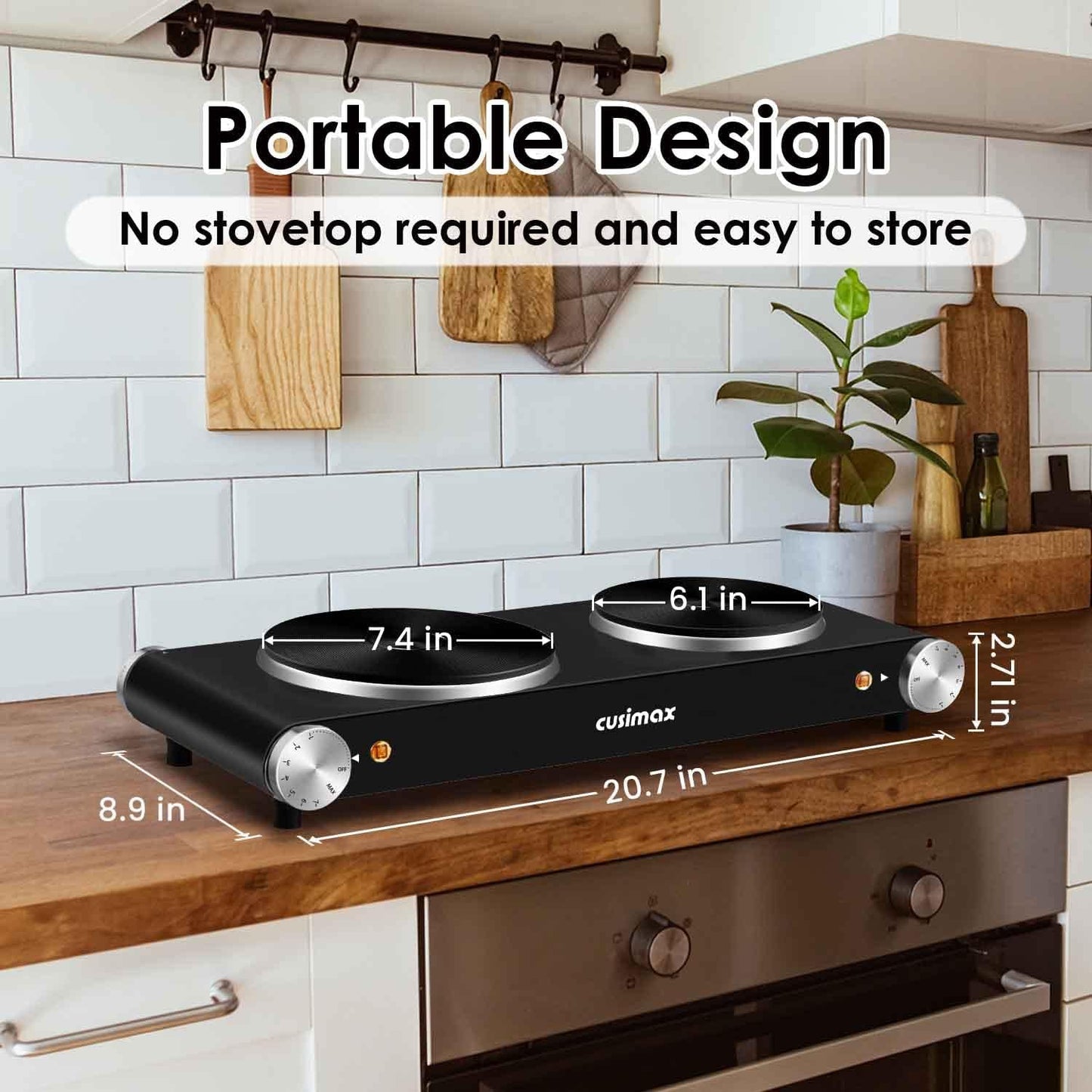 Cusimax Hot Plate for Cooking 1800W Portable Electric Double Burner Countertop Cooktop Cast Iron Stove Heating Plate with 7 Power Levels Adjustable Temp Control, Compatible for All Cookwares