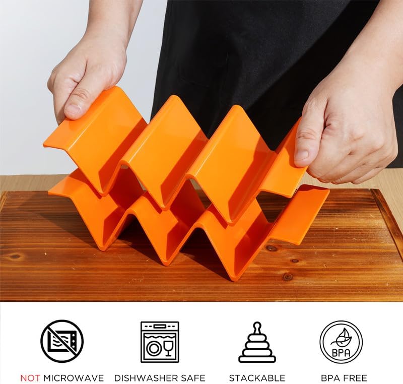 TP Taco Holder Stands, Set of 2 Melamine Large Taco Serving Rack Tray with Handle, Holds 3 Tacos, Dishwasher Safe, Ideal for Taco Night, Party, Home, Fiesta, Orange