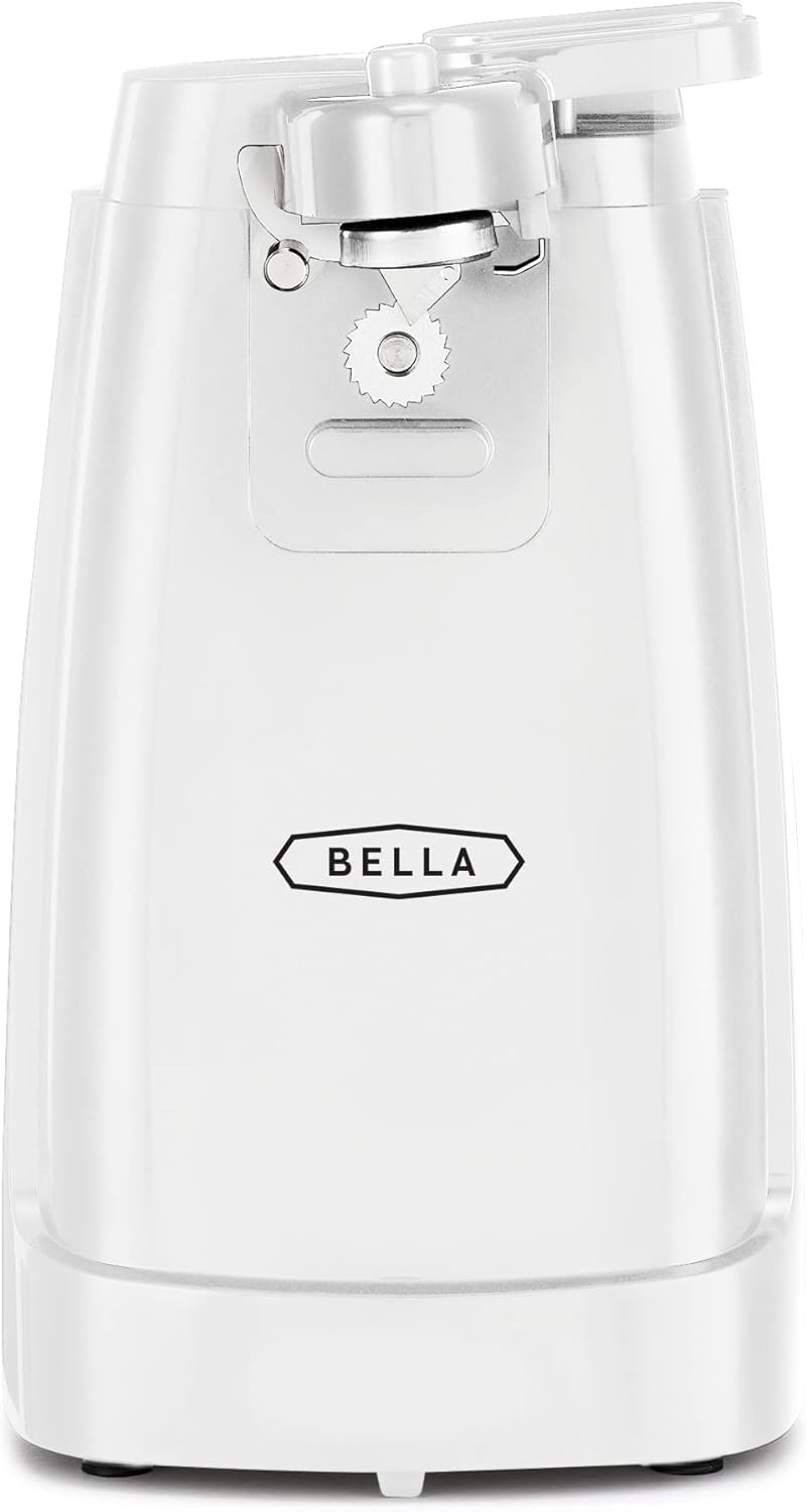 BELLA Electric Can Opener and Knife Sharpener, Multifunctional Jar and Bottle Opener with Removable Cutting Lever and Cord Storage, Stainless Steel Blade, White