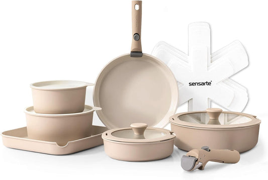SENSARTE 17 Piece Ceramic Pots and Pans Set, Nonstick Detachable Handle Cookware, Induction Kitchen Cookware Set with Removable Handle, Dishwasher ＆ Oven Safe (Almond Beige)