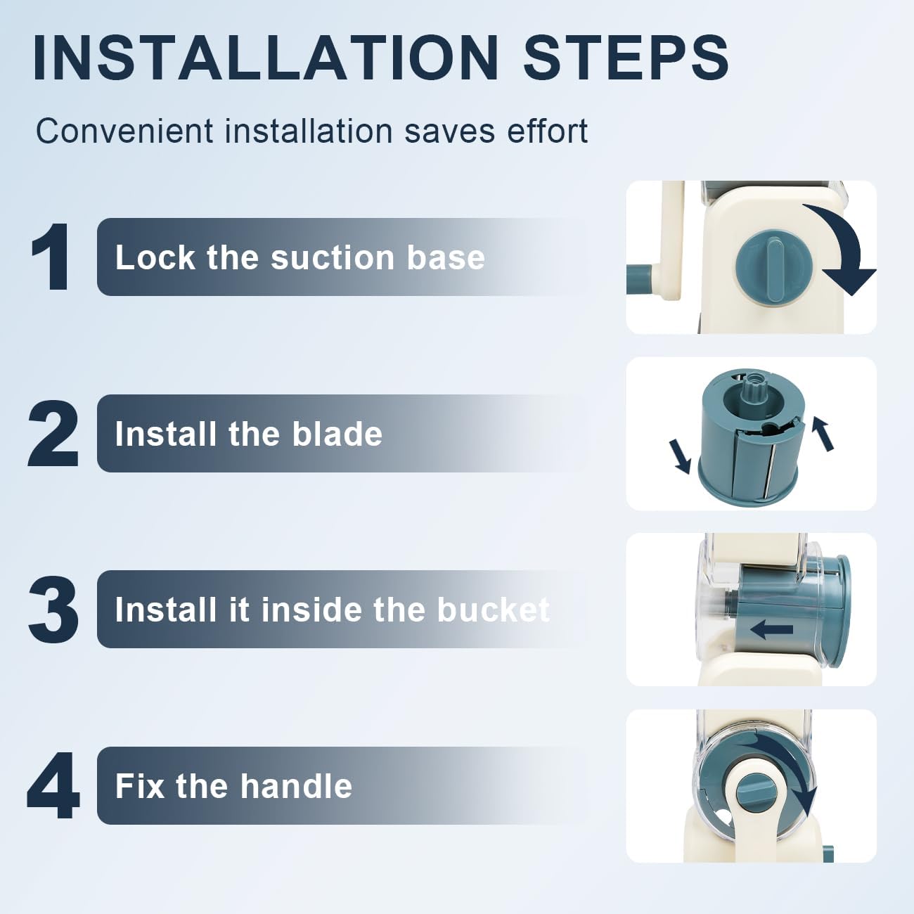 3 in 1 Cheese Grater, Rotary Cheese Grater with Handle for kitchen, Vegetable Slicer with 3 Replaceable Stainless Steel Blades,Peeler and Rubber Gloves (Blue)