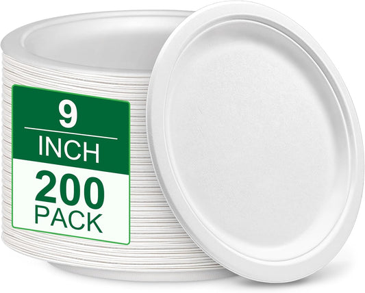Disposable Paper Plates 9 inch, 200 Pack White Paper Plates Bulk, Eco Friendly Biodegradable Compostable Plates, Sturdy Dinner Paper Plates Heavy Duty for Party Wedding