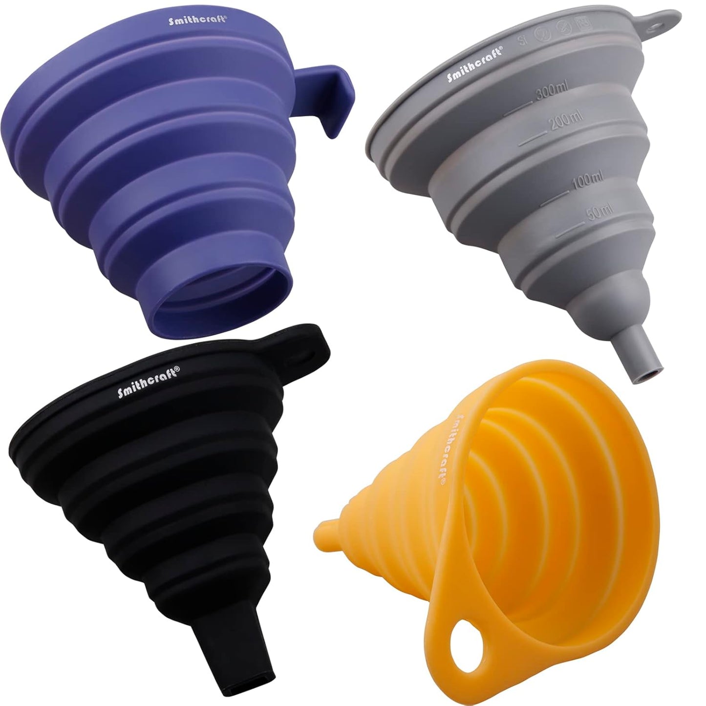 Smithcraft Funnel Set 4, Silicone Funnels for Kitchen, Collapsible Funnels for Water Bottle, Liquid Transfer Folding Camping Funnel with Narrow and Wide Mouth