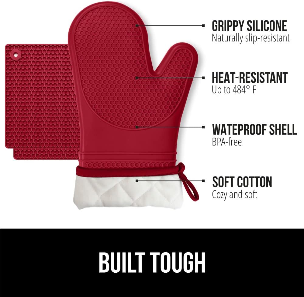 GORILLA GRIP BPA-Free Soft Silicone Oven Mitts and Pot Holders Sets of 4, Heat Resistant Waterproof Cooking Gloves, Thick Cotton Lining, Flexible Gripping for Baking Grilling, Kitchen Trivets, Red