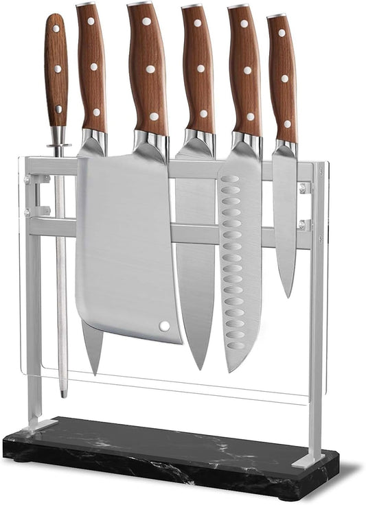 Magnetic Knife Stand Block with Marble Base, Double-sided Stainless Steel Magnets for Countertop with Acrylic Shield, Magnetic Knife Holder for Kitchen Storage, 12 IN, Black