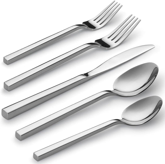 Alata Cube 40-Piece Forged Stainless Steel Flatware Set Cutlery Set, Silverware Set Service for 8, Mirror Finish, Dishwasher Safe