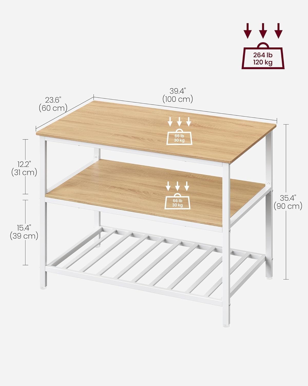 VASAGLE Kitchen Island with 3 Shelves, 39.4 Inches Width Kitchen Shelf with Large Worktop, Stable Steel Structure, Industrial, Easy to Assemble, Oak Color and White UKKI005W09