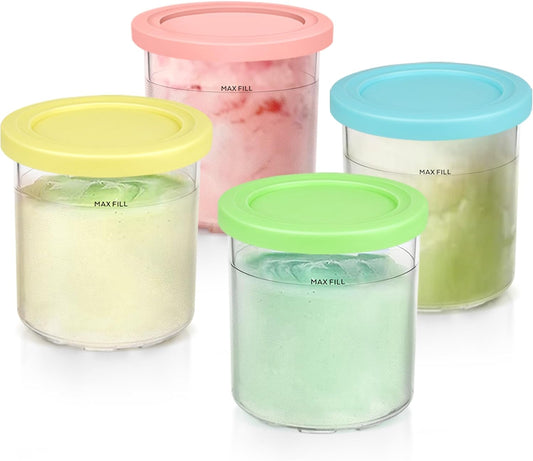 4 Pack Replacement Pints and Lids, Compatible with NC301 NC300 NC299AMZ Series Ice Cream Makers(16 oz. ice cream Containers Blue/Yellow/Pink/Green)