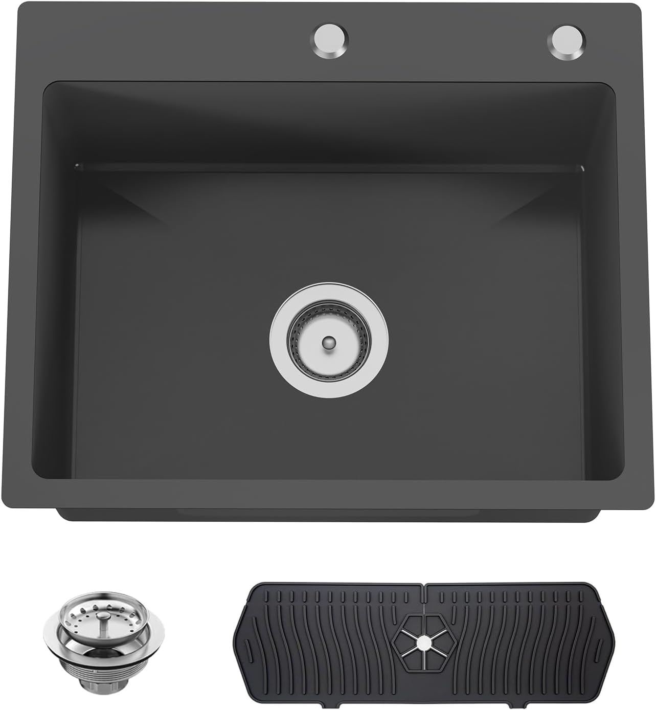 Black Kitchen And Bar Sink, 22x18 Inch Stainless Steel Drop In Kitchen Sink Modern Single Bowl Topmount Bar Sink Combo-Silicon Mat,Drain Strainer Set Compatibility With Various Kitchen & Bar Style