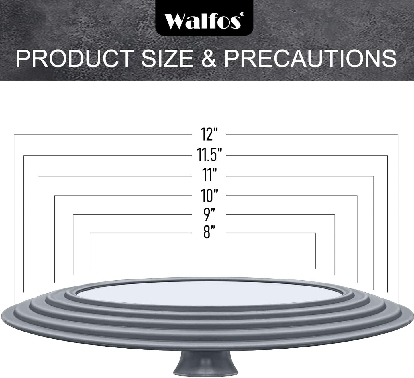 Universal Lid for Pots, Pans and Skillets - Walfos Tempered Glass Pan Lid with Heat Resistant Silicone Rim, BPA Free Large Pot Lids Fits 8" to 12" Diameter Cookware, Dishwasher-Safe, Grey