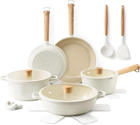 SENSARTE Ceramic Nonstick Cookware Set Non-toxic Healthy Pots and Pans Set Ceramic Coated Kithchen Cooking Set, Free of Intentionally Added PFAS/PTFE, Dishwasher&Oven Safe, Induction Compatible, 15pcs