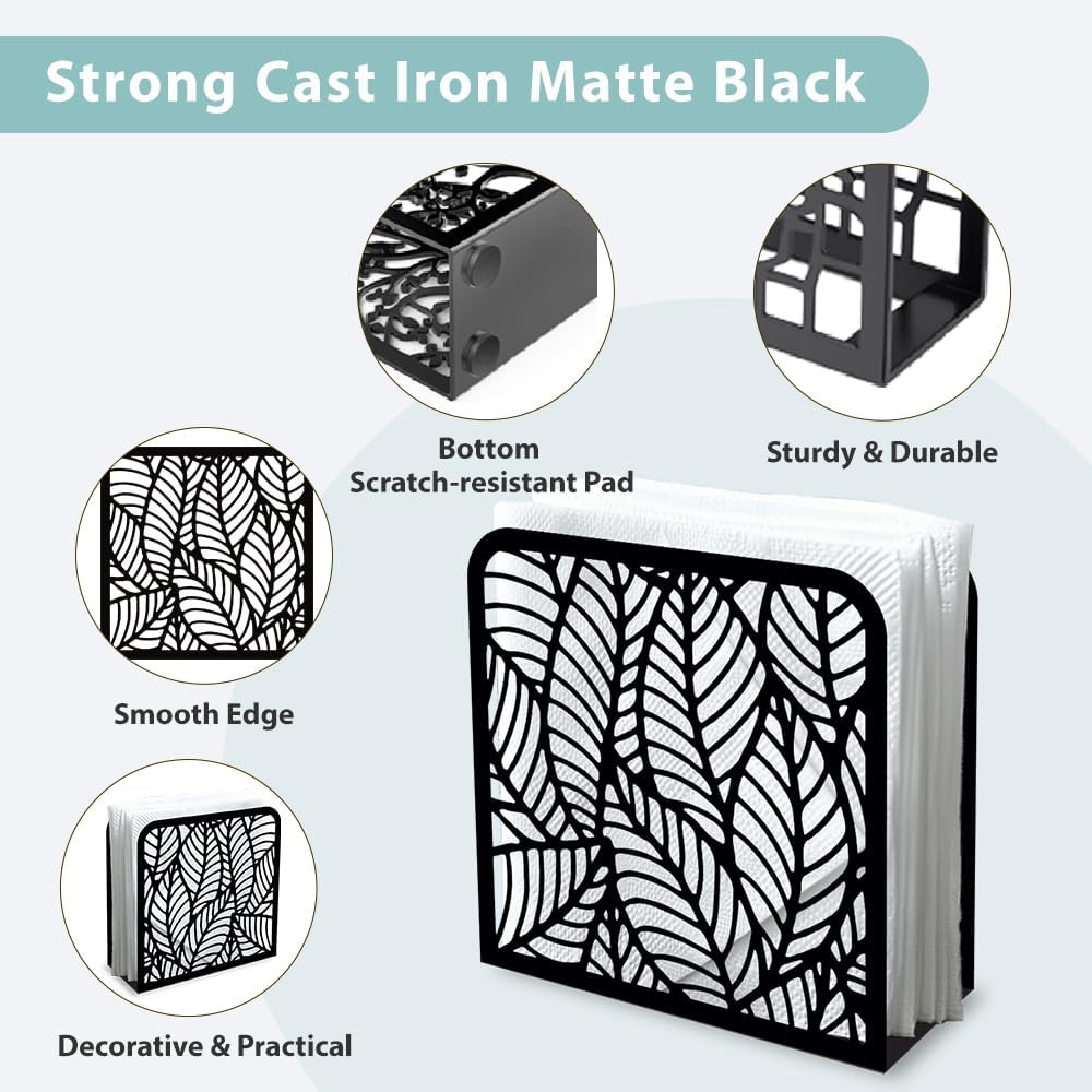 Morden Leaf Decorative Black Metal Napkin Holder for Table, 4.9" x 4.9" x 1.9" Standing Napkin Holder for Home Kitchen Restaurant Picnic Party Coffee Bar Dining Room