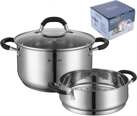 Stainless Steel 8 Quart Stock Pot with Steamer,8 Qt Deep Soup Pot for cooking,Multipurpose Stockpot with silicone Stay-cool Handle.