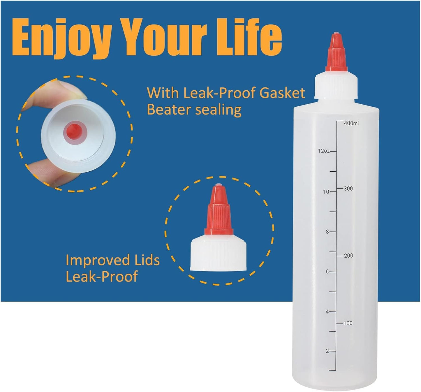 6 Pack 12 oz Graduated Plastic Squeeze Squirt Condiment Bottles with Red Twist On Cap Lids - for Condiments, Oil, Icing, Liquids–with Extra 1 Silicone Funnel, 18 Chalk Labels and 1 Pen