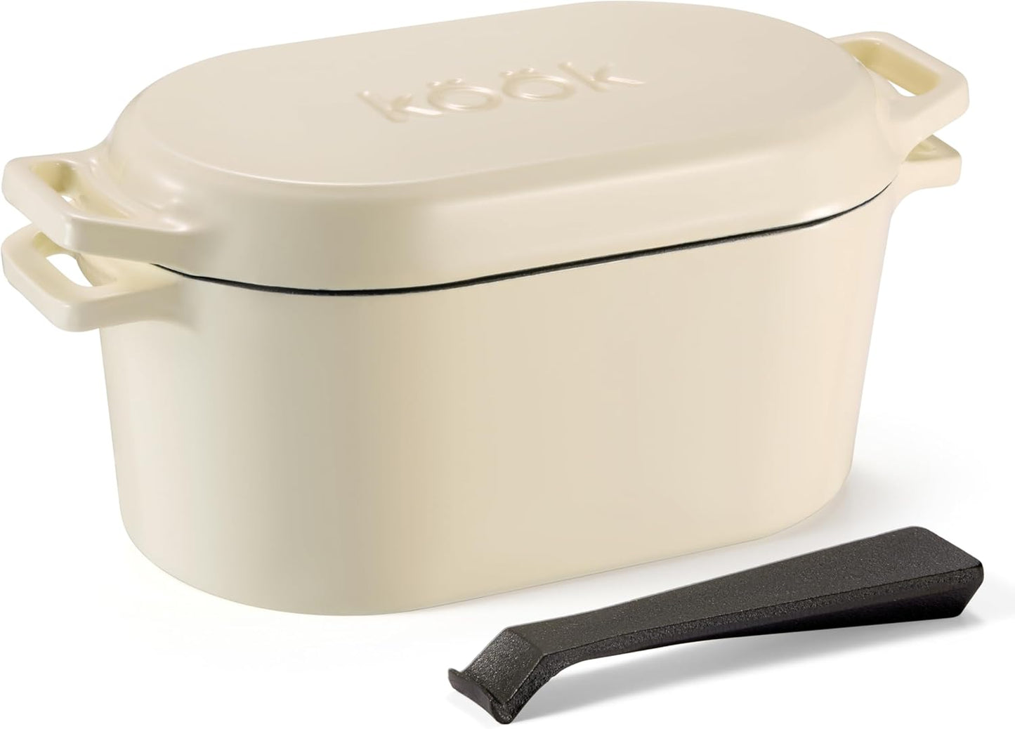 KooK Dutch Oven with Lid, Dual Handles, Enameled Cast Iron, includes Lid Lever, Great for Baking Bread, Cooking and Roasting, Dishwasher Safe, 3.4 Qt, Ivory