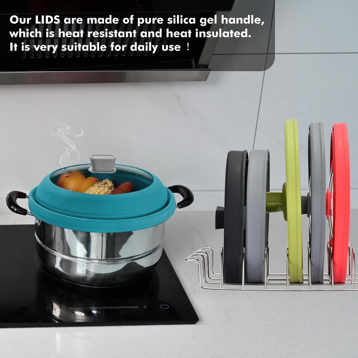 Microwave Splatter Cover Glass Cover Splatter Guard Lid with Collapsible Silicone for Food Cover Plate Cover 10.8 inch Blue