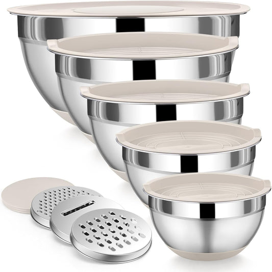 P&P CHEF Mixing Bowl with Lid Set, 5 Piece Stainless Steel Mixing Nesting Bowls for Salad Storage, 3 Grater Attachments & Non-Slip Bottoms, Size 1/1.5/2 / 2.6/4.6 QT, Khaki