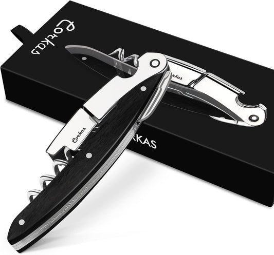Wine Key - CORKAS Prestige Waiter Corkscrew with Ebony Handle, Handcrafted Wine Opener Manual with Double Hinged, Foil Cutter and Bottle Opener, Ideal Gifts for Sommelier, Bartenders, Servers