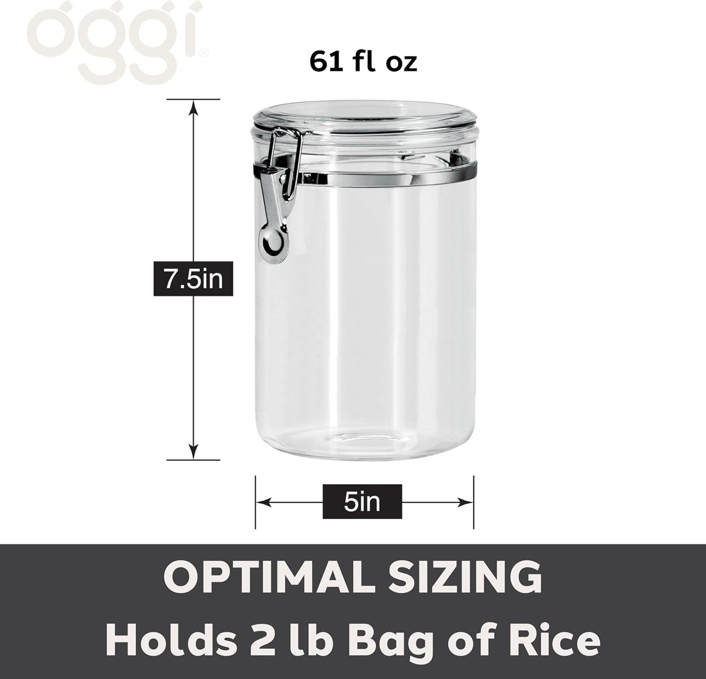 OGGI Medium-Sized Clear Canister with Clamp Lid, 61 oz - Large Airtight Food Storage Container, for Kitchen & Pantry Storage of Bulk, Dry Foods, Pasta, Flour, Sugar, Coffee, Rice, Tea, Spices & Herbs