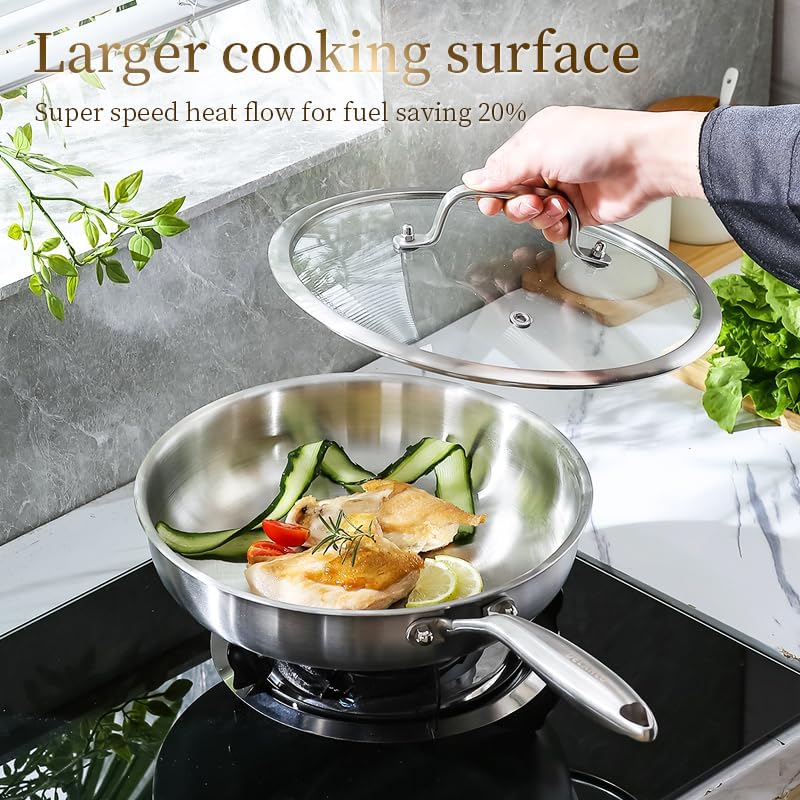 DELARLO Tri-ply Stainless Steel Frying Pan Set with Lid 8"12" Induction large Skillets Chef's Pan,Pots and Pans Set Kitchen Cookware Set Suitable for All Stove