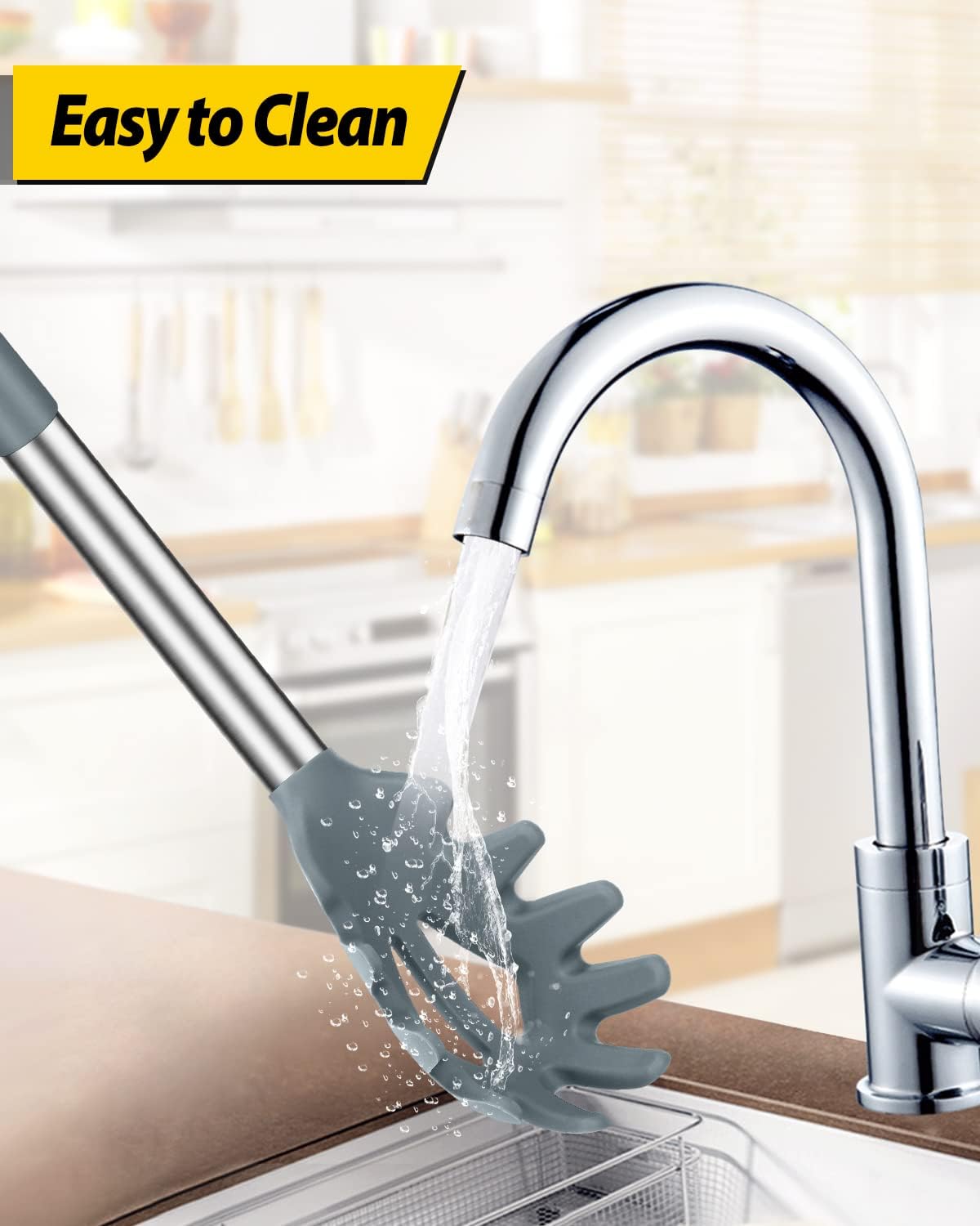 Silicone Pasta Fork and Ladle Spoon Set, Large Non Stick Kitchen Utensils for Cooking,Stirring,Serving Spaghetti, Soup, Sauce (GRAY)