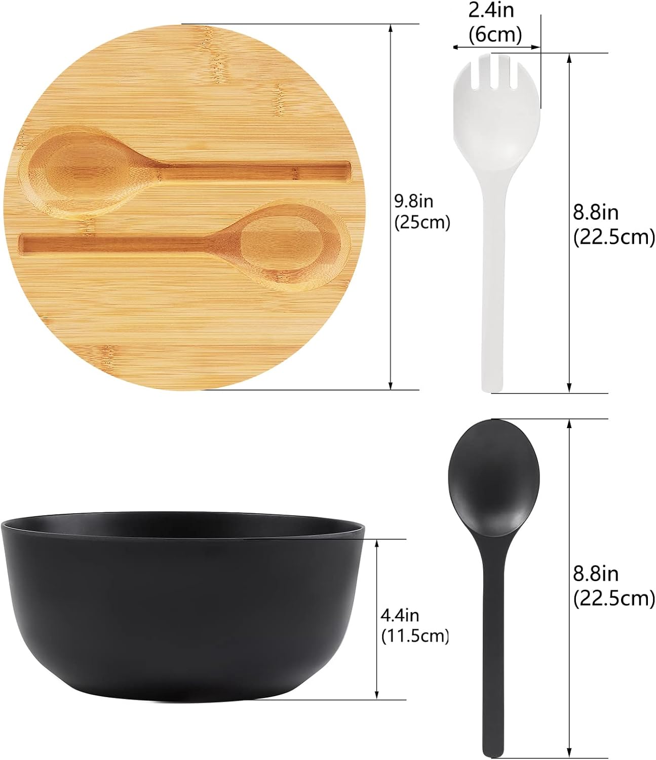 10" Large Salad Serving Bowl with Utensils in Lid, Bamboo Fiber Salad Bowl with Lid, Mixing Bowl with Servers set for Pasta,Fruit,Veggies,Popcorn to Replace Wooden Bowls - Matte Black