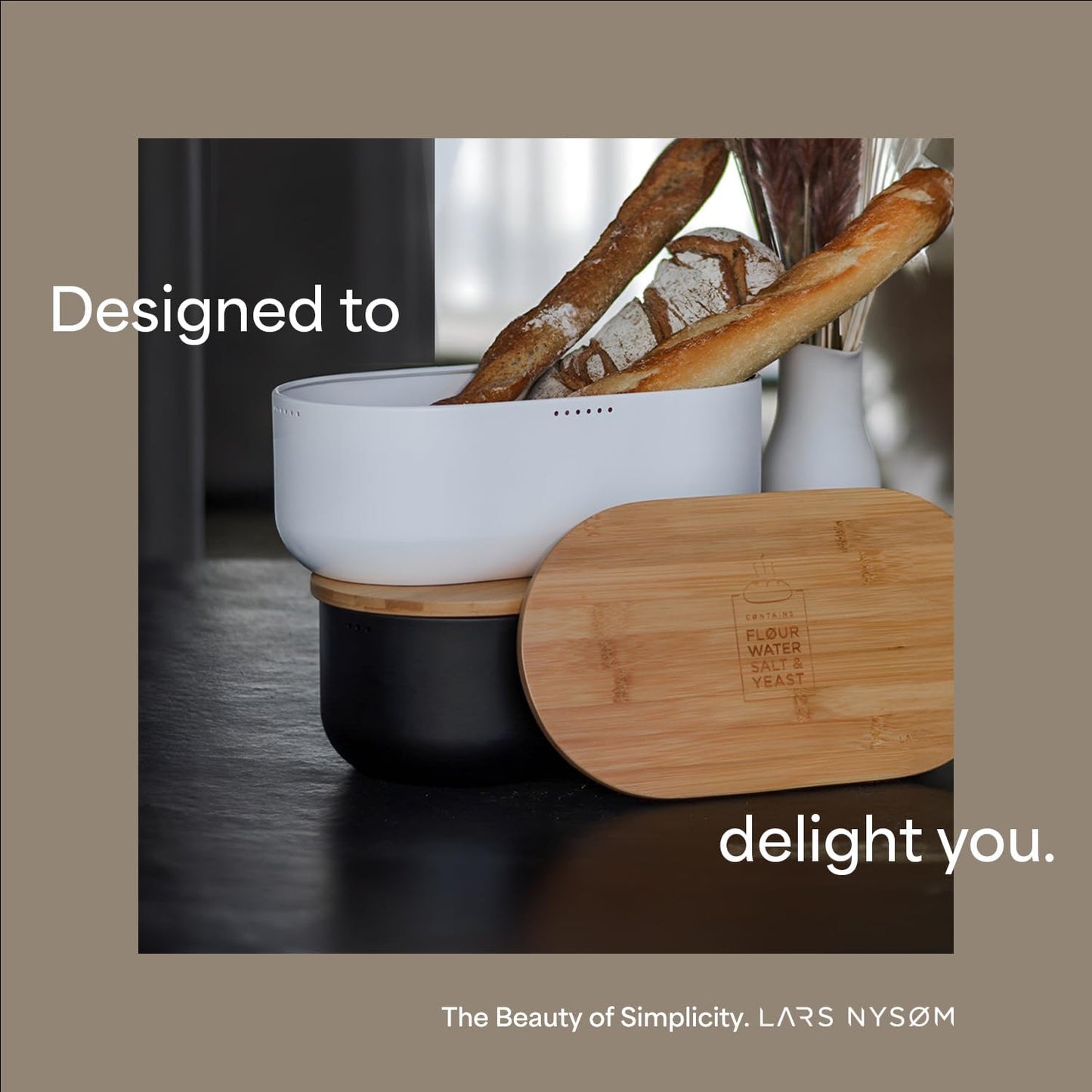 LARS NYSØM Bread Box I Metal Box with linen bag for long lasting freshness I Bread Bin with bamboo lid usable as cutting board I 14.2x7.5x5.1 In (Taupe Brown)