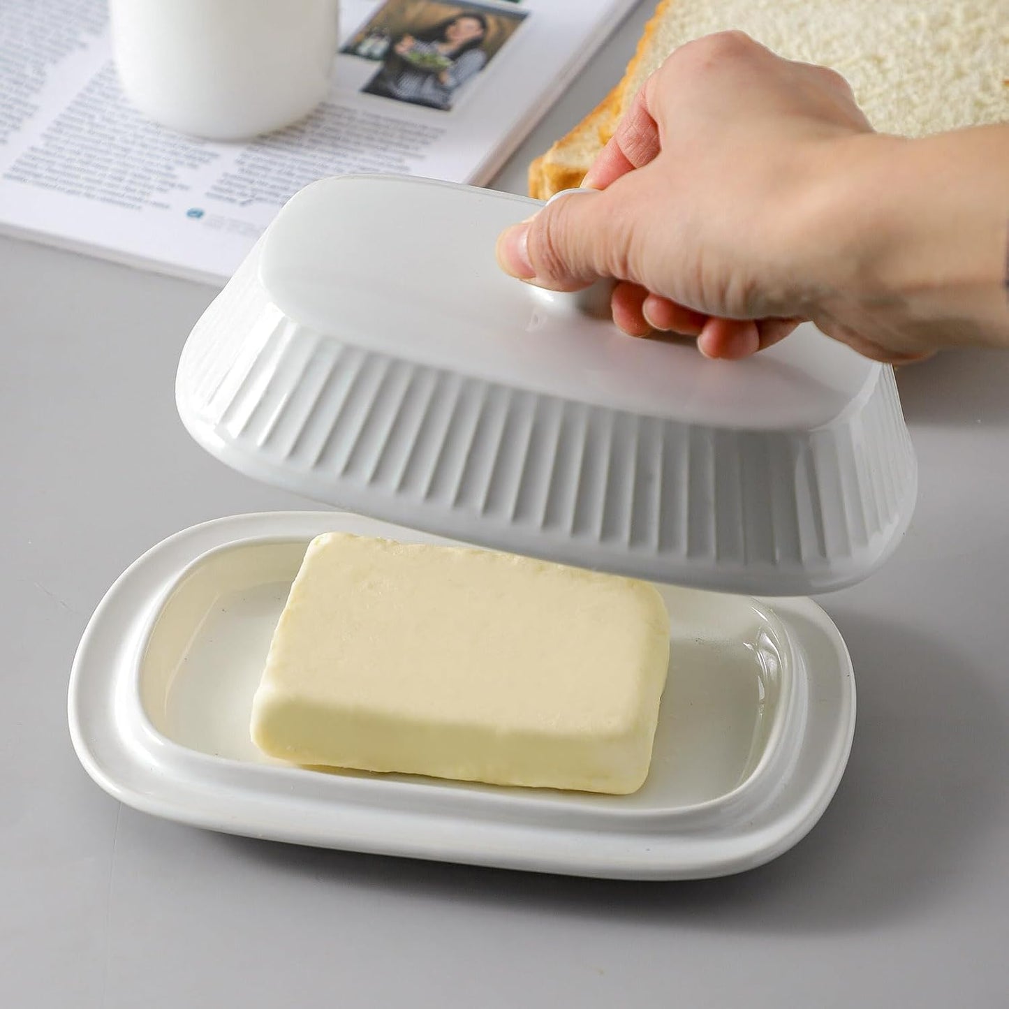 Hasense Porcelain Butter Keeper, Butter Dish with Lid, Large Butter Containe with Cover, Butter Holder for West East Coast Butter, Kitchen Decor, Housewarming Gift, White