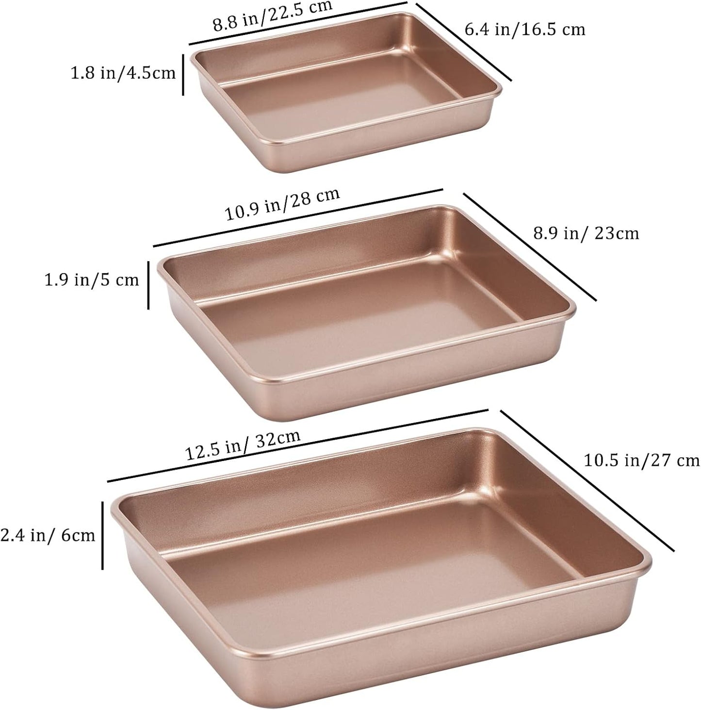 3-Pack Roasting Pan Set, Nonstick Baking Tray, Rectangular Bakeware for Oven, Non-Toxic Coating and Durable Quality (Champagne Gold)