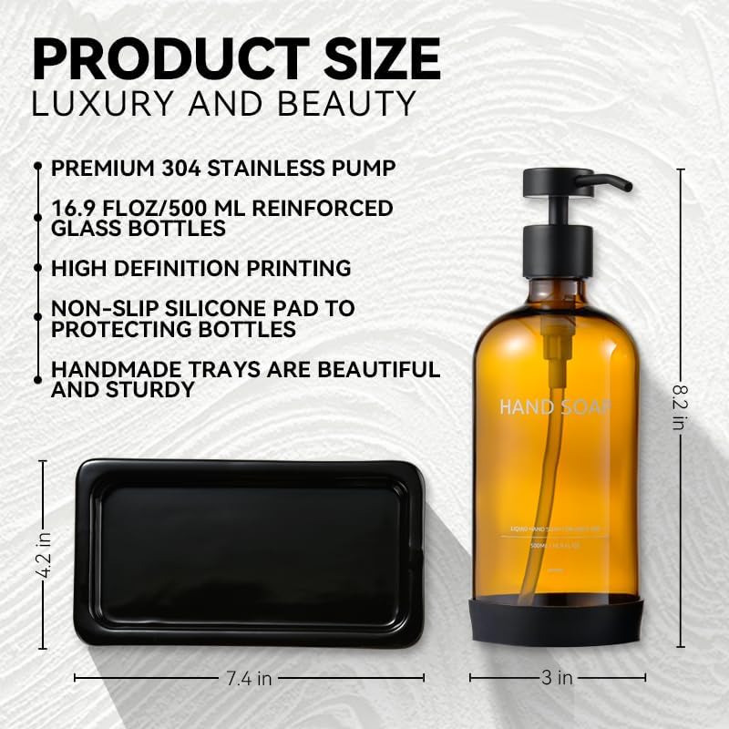 Glass Kitchen Soap Dispenser Set with Ceramic Tray,16.9 floz Hand and Dish Soap Dispenser for Kitchen and Bathroom Decor,Amber Kitchen Accessories(Amber Bottles + Black Pumps)
