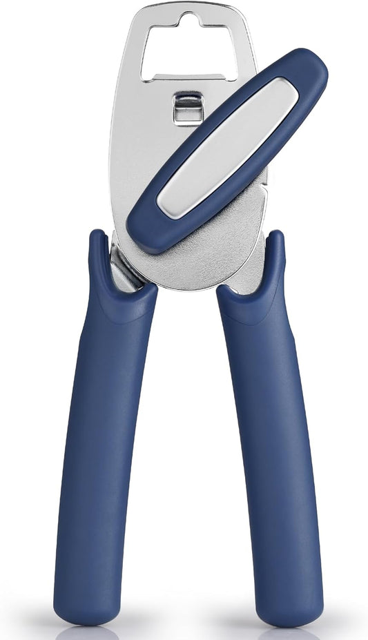 Zulay Kitchen Heavy Duty Stainless Steel Manual Can Opener – Ergonomic Soft Grip Handles, Smooth Edge Cutting Wheel & Large Built In Bottle Opener – Easy Turn Knob for Effortless Use - Blue