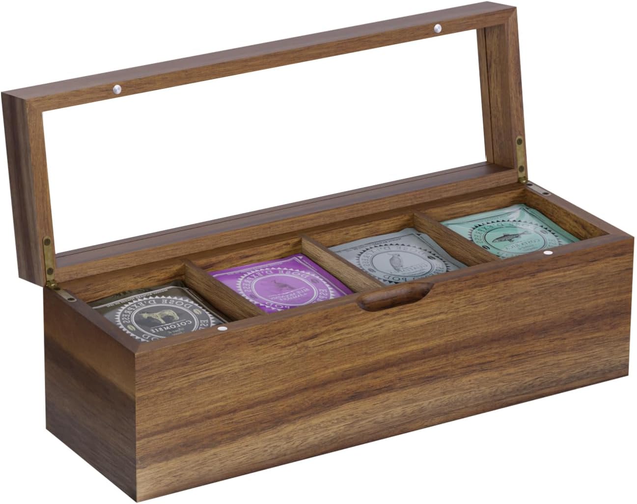 Acacia Wood Tea Bag Organizer, 4 Compartments Tea Box Organizer Storage Box, Teabag Holder Organizers with Clear Acrylic Window, Magnetic Lid and Removable Dividers