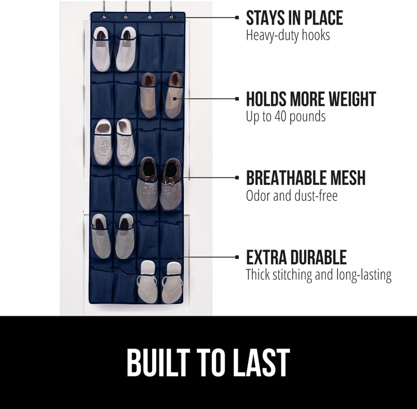 GORILLA GRIP Over the Door Shoe Organizer, 24 Large Breathable Mesh Pockets, Space Saving Hanging Storage Holder, Closet Rack Hanger Holds Up to 40 lbs, Hangs on Closets for Shoes, Accessories, Navy