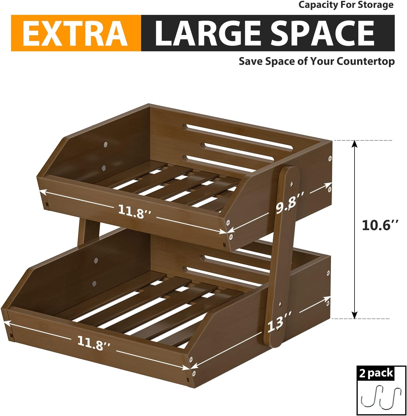 Bamboo Fruit Basket for Kitchen – 2 Tier Fruit Bowl For Kitchen Counter, Large Fruit Holder With 2 Banana Hangers, Idea For Fruit and Vegetable Storage, Bread Basket, Snack Organizer(WALNUT)