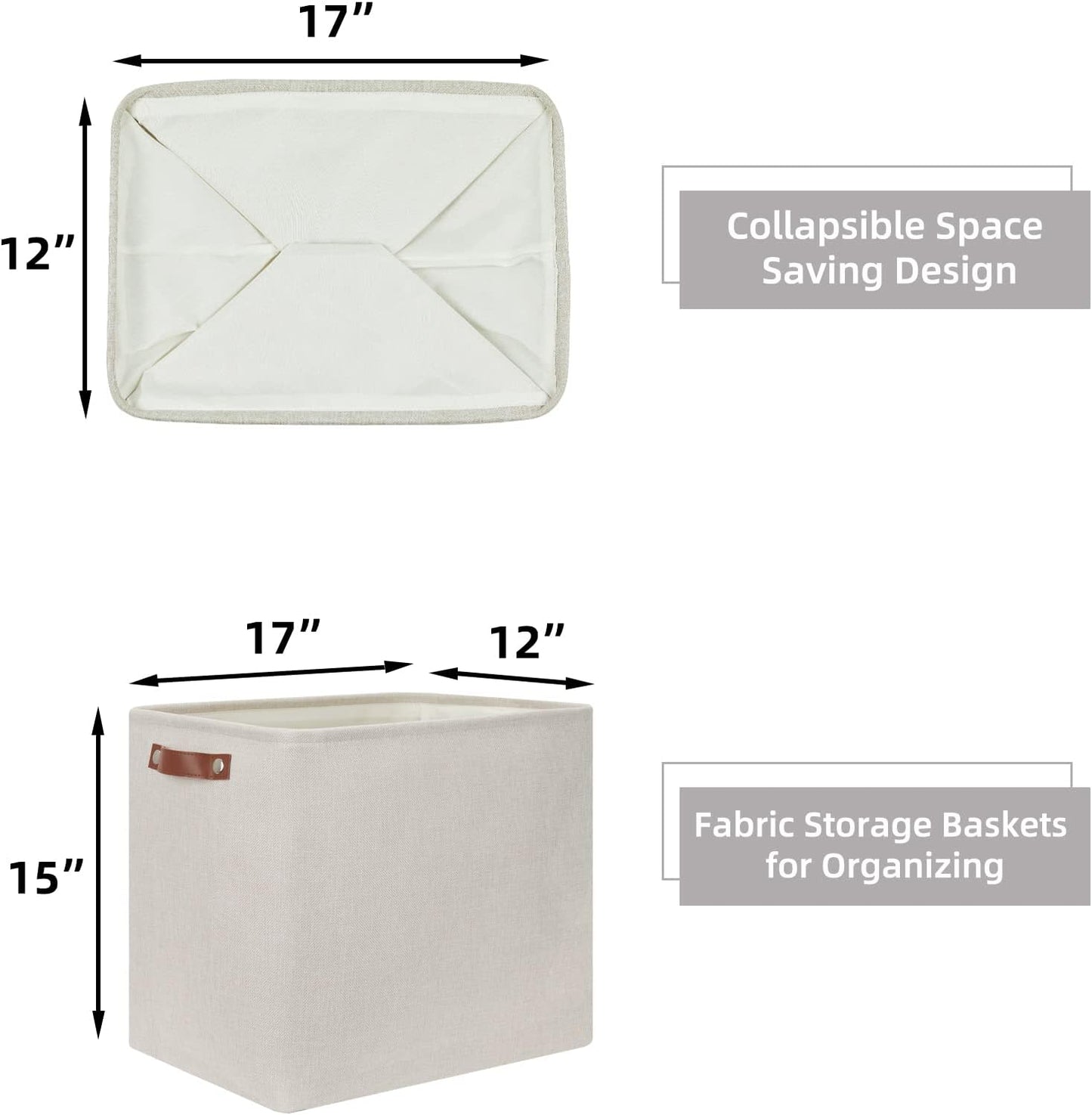 HNZIGE Collapsible Canvas Linen Storage Basket, Set of 2, Large Fabric Cloth Baskets, Rectangular Shelf Baskets with Leather Handles, Organizing Storage Baskets for Storage Closet, Home, Office(Gream)