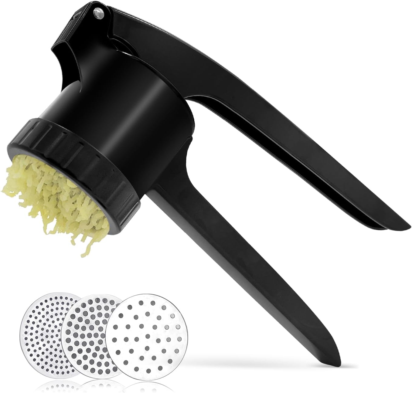 LHS Potato Ricer, Potato Masher for Potatoes with 3 Interchangeable Discs, Large Capacity Potato Masher and Ricer Kitchen Tool for Fruit, Vegetables, Baby Food, Black