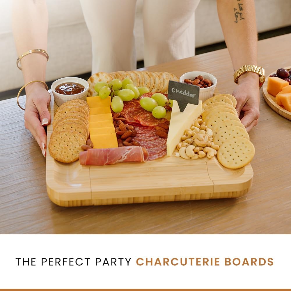 Leaf and Grain Charcuterie Board Set - Premium Bamboo Cheese Board – Perfect Charcuterie Boards Accessories for Bridal Shower Gifts, Wedding Gifts & Housewarming – Elegant Cheese Platter (Natural)