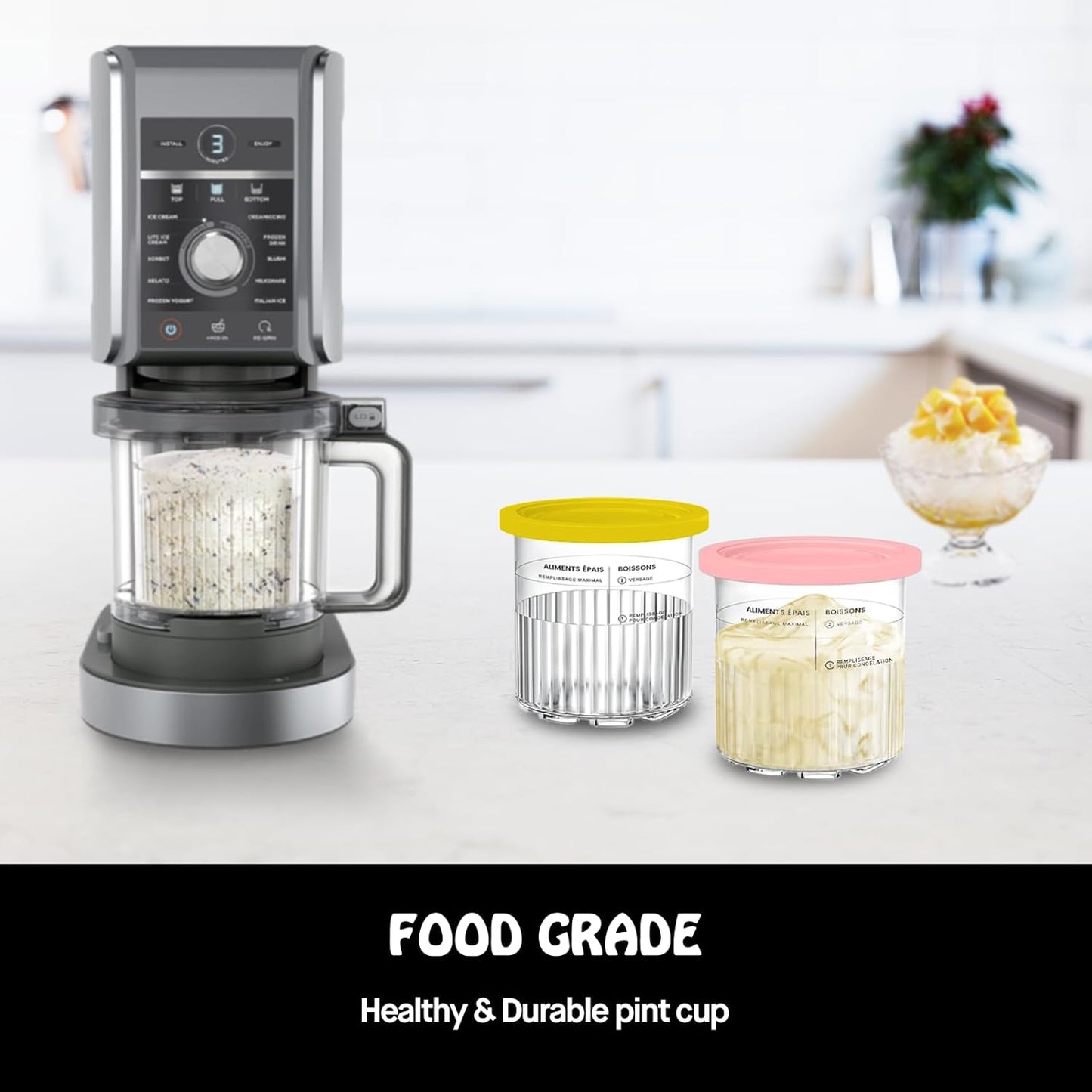 Pints Compatible with Ninja Creami NC500 Series Creami Deluxe Ice Cream Makers, BPA-Free & Dishwasher Safe, Color Lids, 2 Pack, 24OZ Family Ice Cream Storage Containers Clear/Coral/Yellow