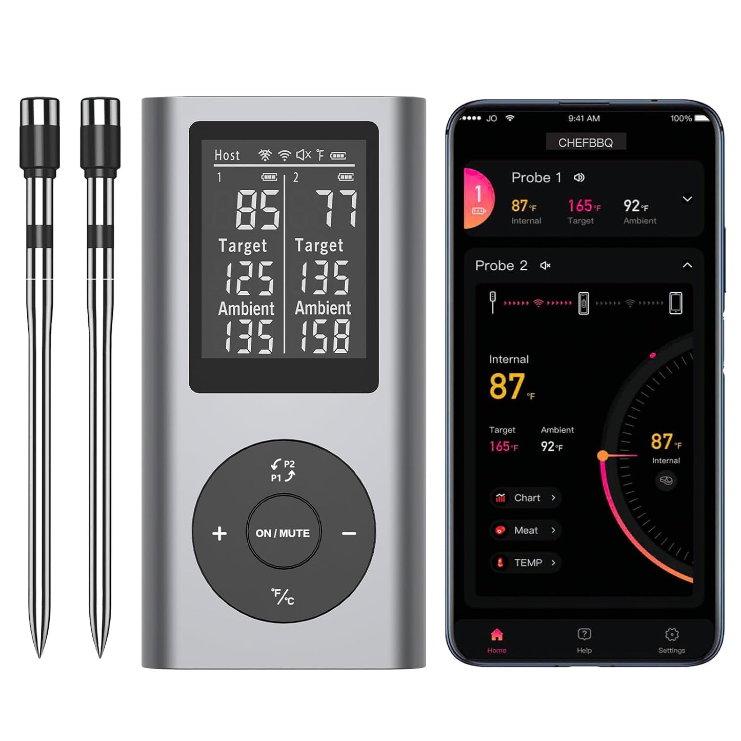 Wireless Meat Thermometer with Smart Timer & APP Alerts, 800ft Bluetooth Grill Food Thermometer, Dual 0.19In-Ultra Thin Probes, ±0.5℉ Accuracy, Big Digital Backlit Screen, for BBQ, Oven, Smoker